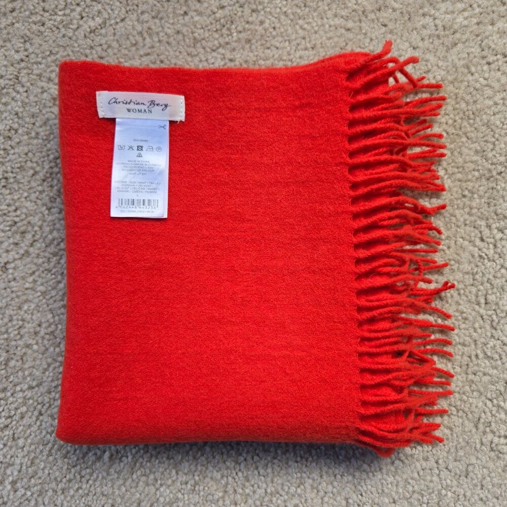 NWOT Christian Berg Wool Cashmere Fringe Scarf Red Orange - Picture 7 of 12